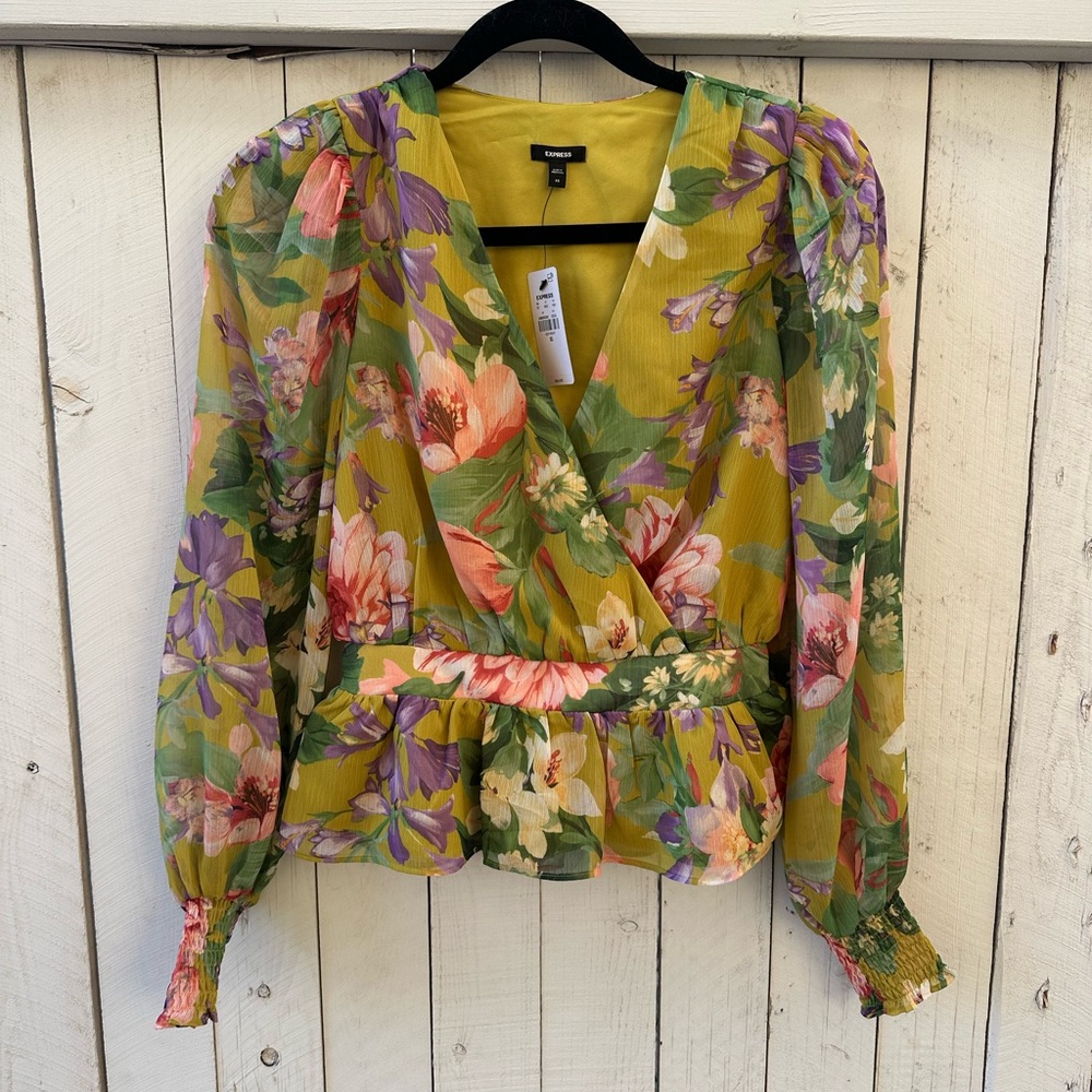 Express Floral Wrap Blouse - Green and Pink